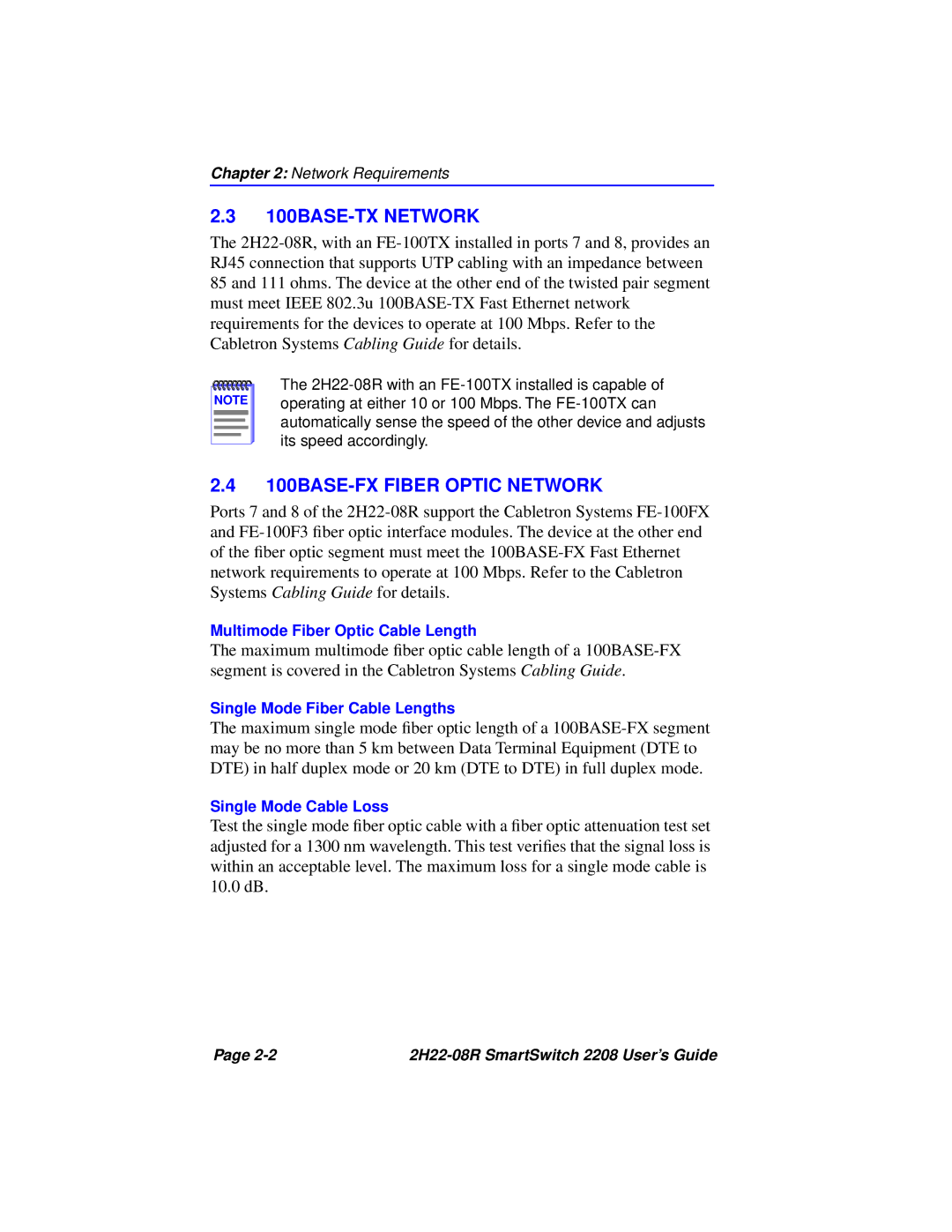 Cabletron Systems 2208 manual 100BASE-TX Network, 100BASE-FX Fiber Optic Network 