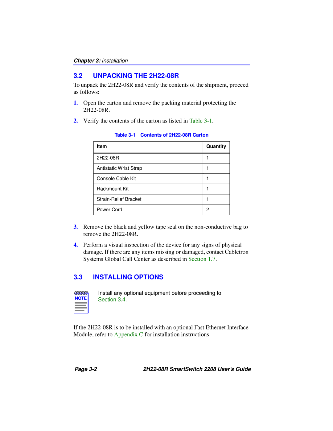 Cabletron Systems 2208 manual Unpacking the 2H22-08R, Installing Options 