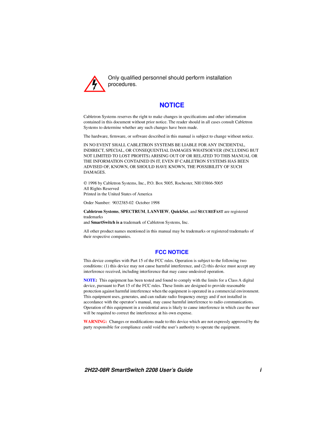 Cabletron Systems manual 2H22-08R SmartSwitch 2208 User’s Guide 