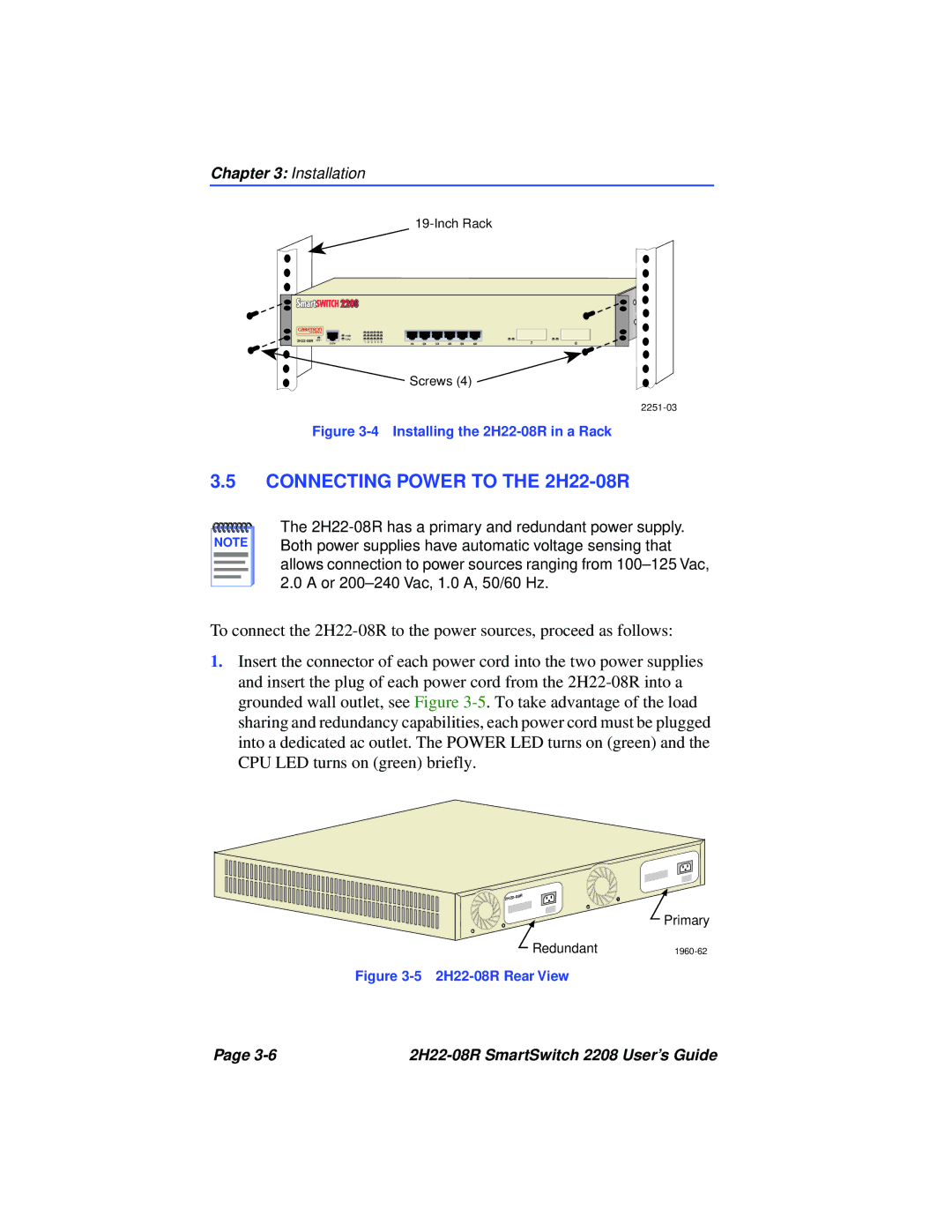 Cabletron Systems 2208 manual Connecting Power to the 2H22-08R, Installing the 2H22-08R in a Rack 