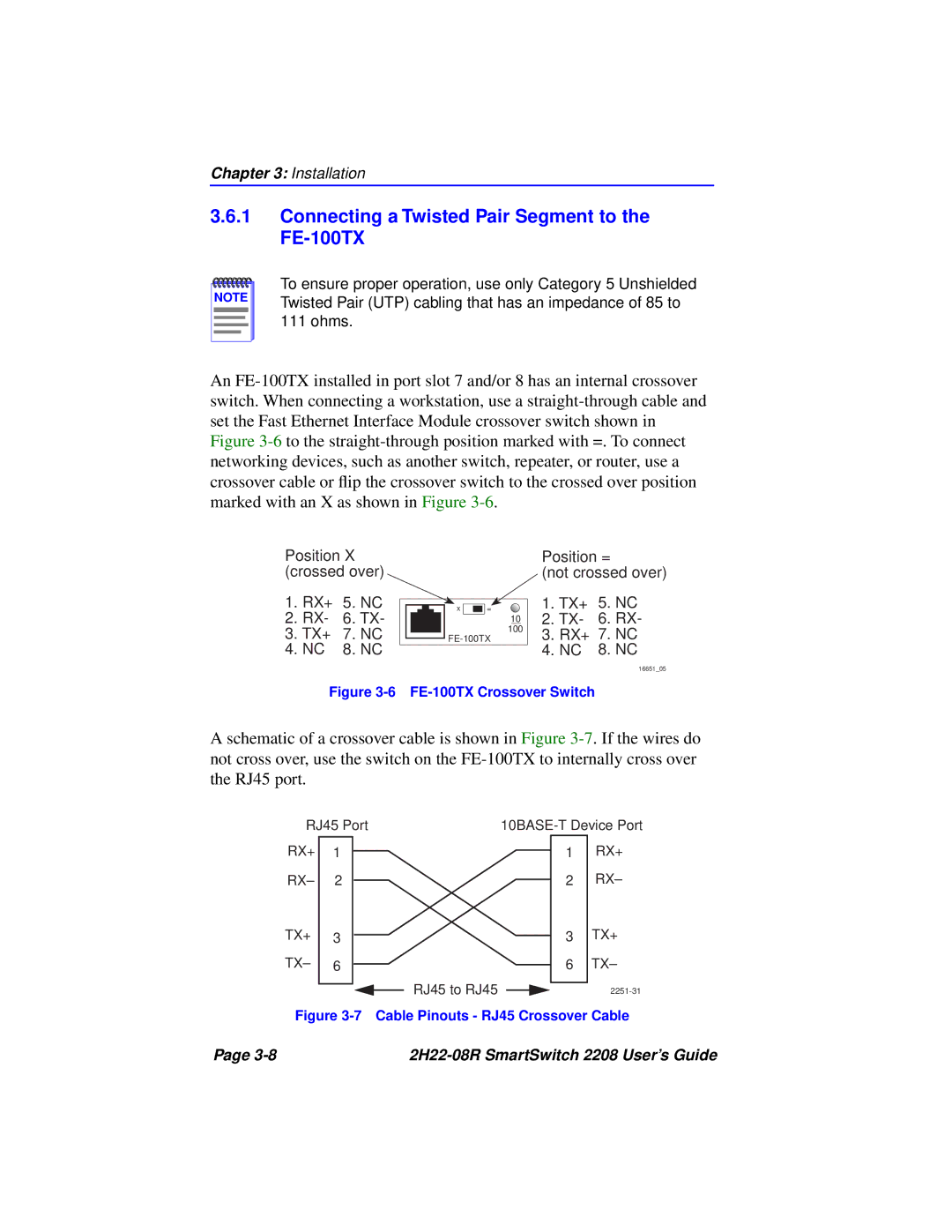 Cabletron Systems 2208 manual Connecting a Twisted Pair Segment to the FE-100TX, FE-100TX Crossover Switch 