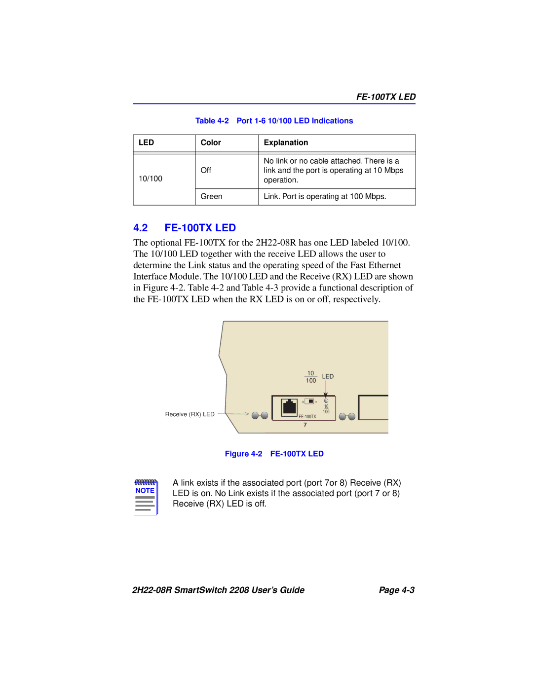 Cabletron Systems 2208 manual FE-100TX LED 