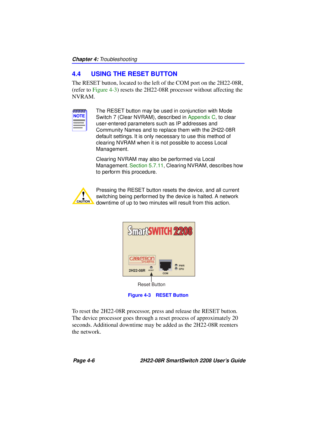 Cabletron Systems 2208 manual Using the Reset Button, Nvram 