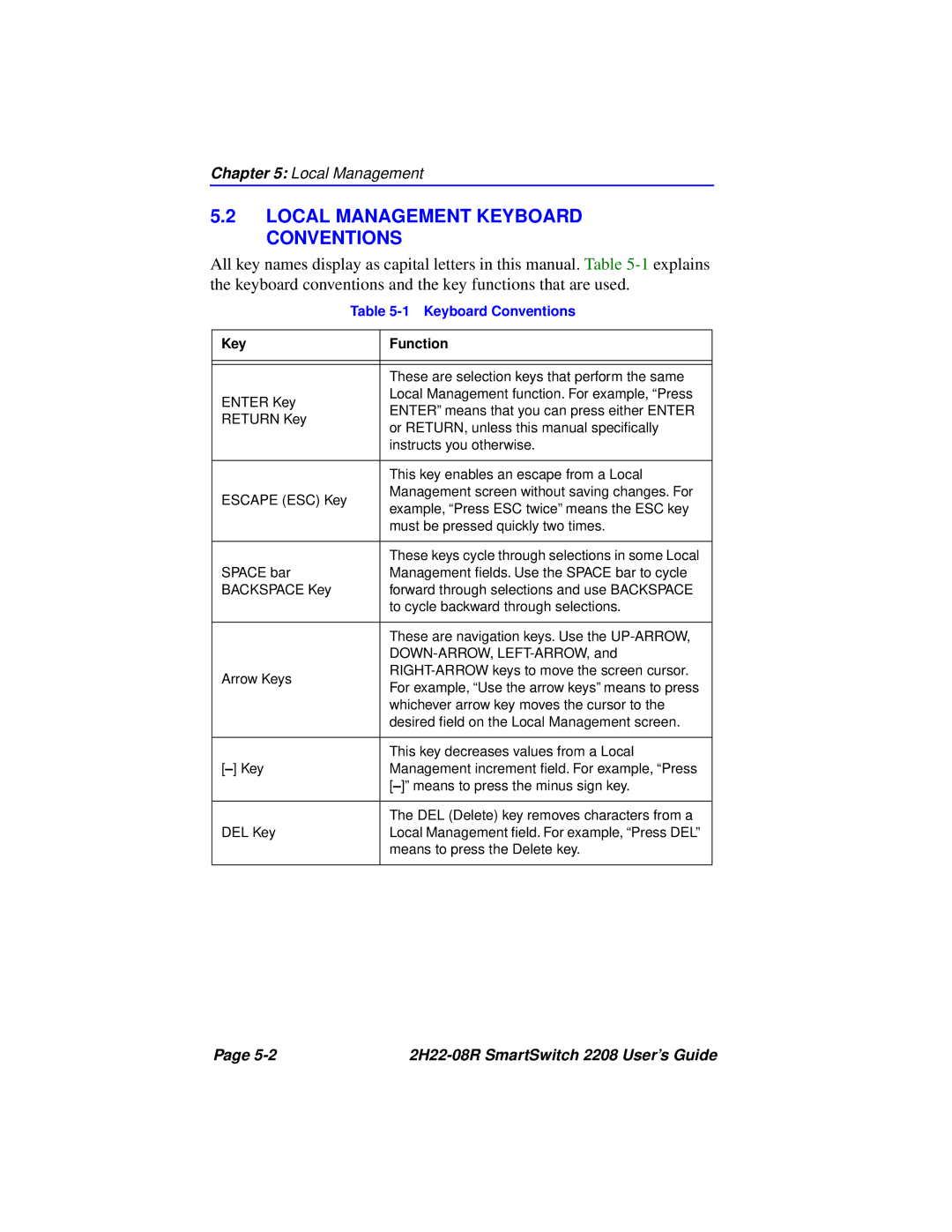 Cabletron Systems 2208 manual Local Management Keyboard Conventions 