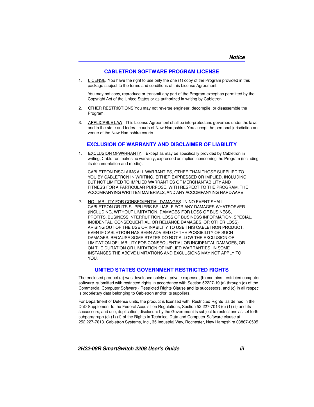 Cabletron Systems 2208 manual Cabletron Software Program License 