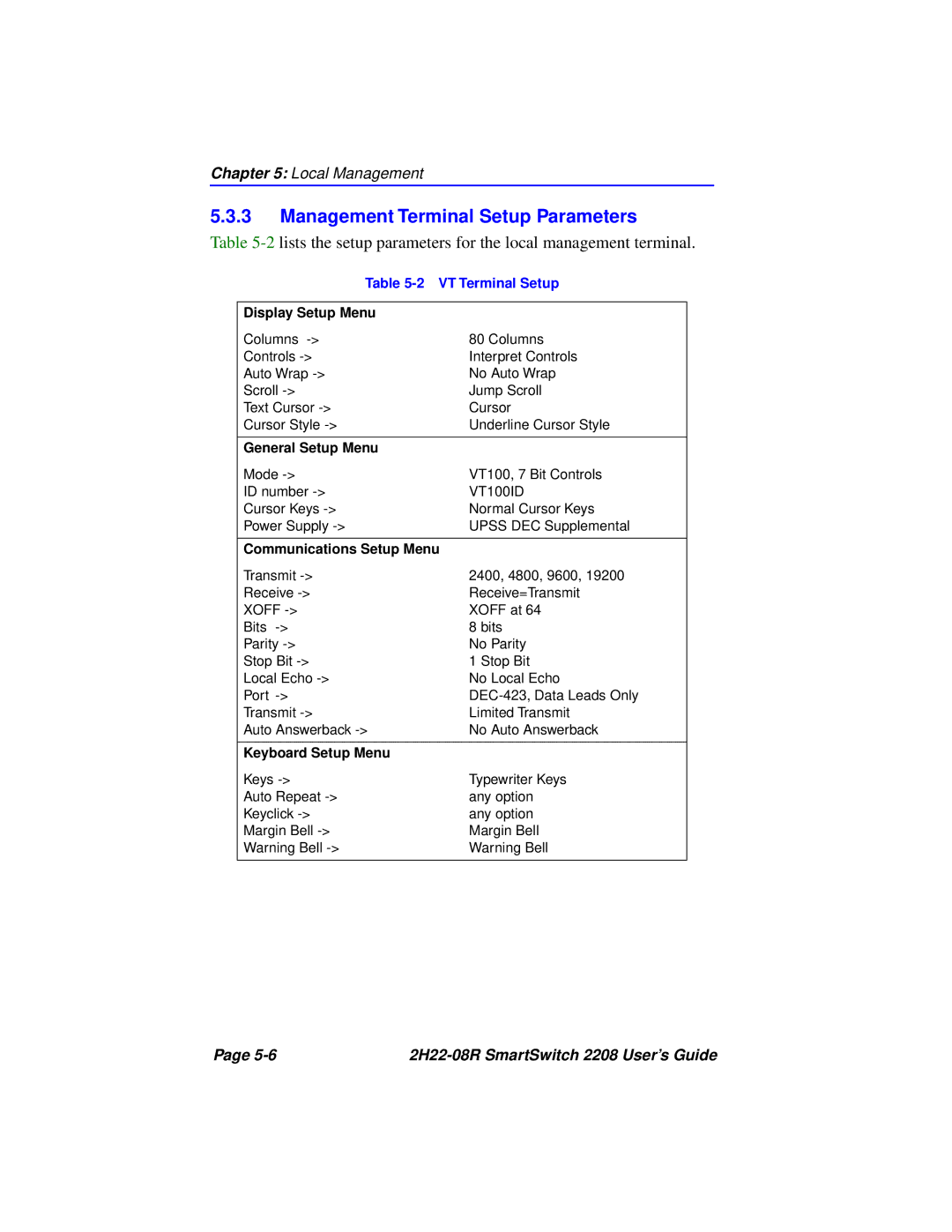 Cabletron Systems 2208 manual Management Terminal Setup Parameters, VT Terminal Setup 