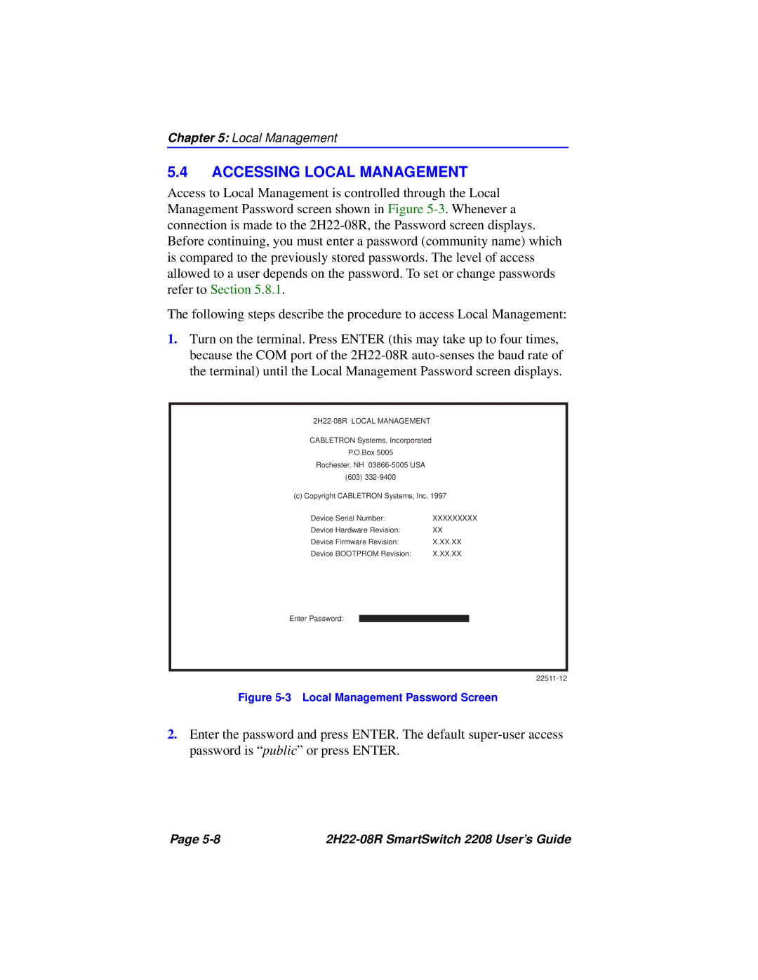 Cabletron Systems 2208 manual Accessing Local Management, 2H22-08R Local Management 