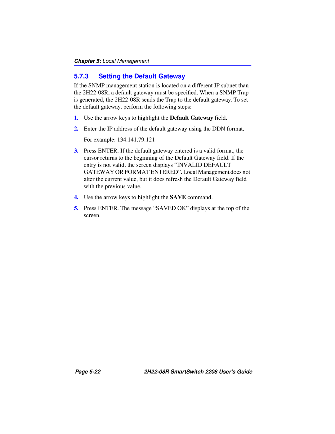 Cabletron Systems 2208 manual Setting the Default Gateway 