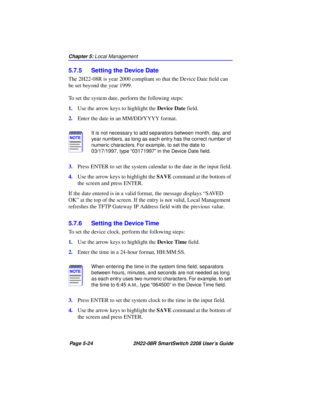 Cabletron Systems 2208 manual Setting the Device Date, Setting the Device Time 