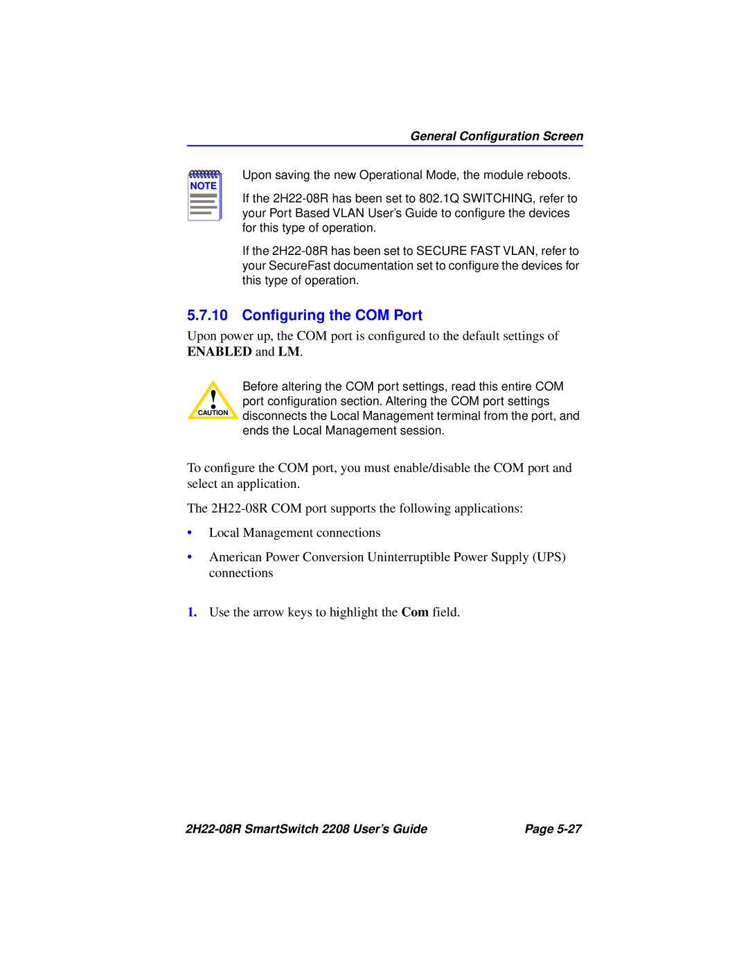 Cabletron Systems 2208 manual 10 Conﬁguring the COM Port 