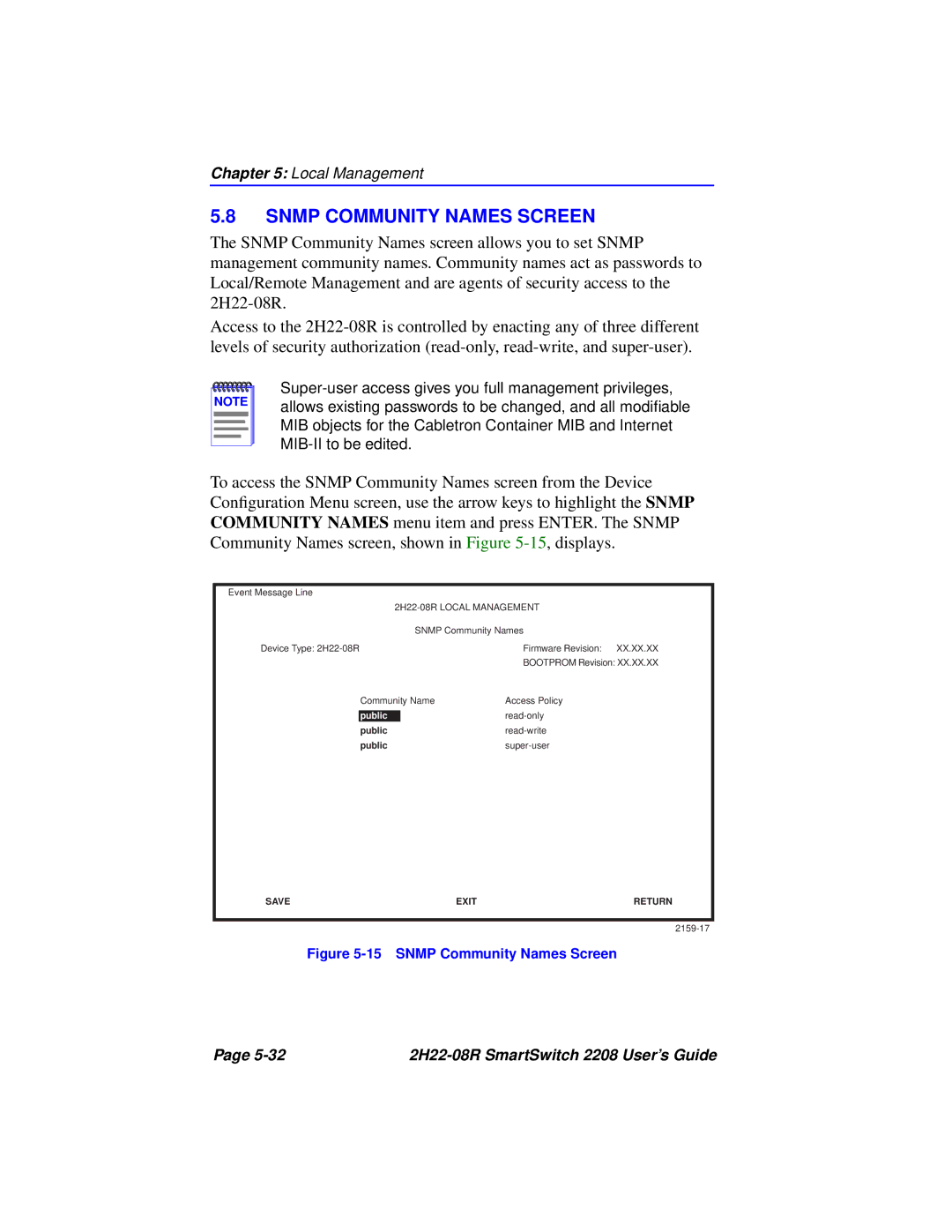 Cabletron Systems 2208 manual Snmp Community Names Screen 