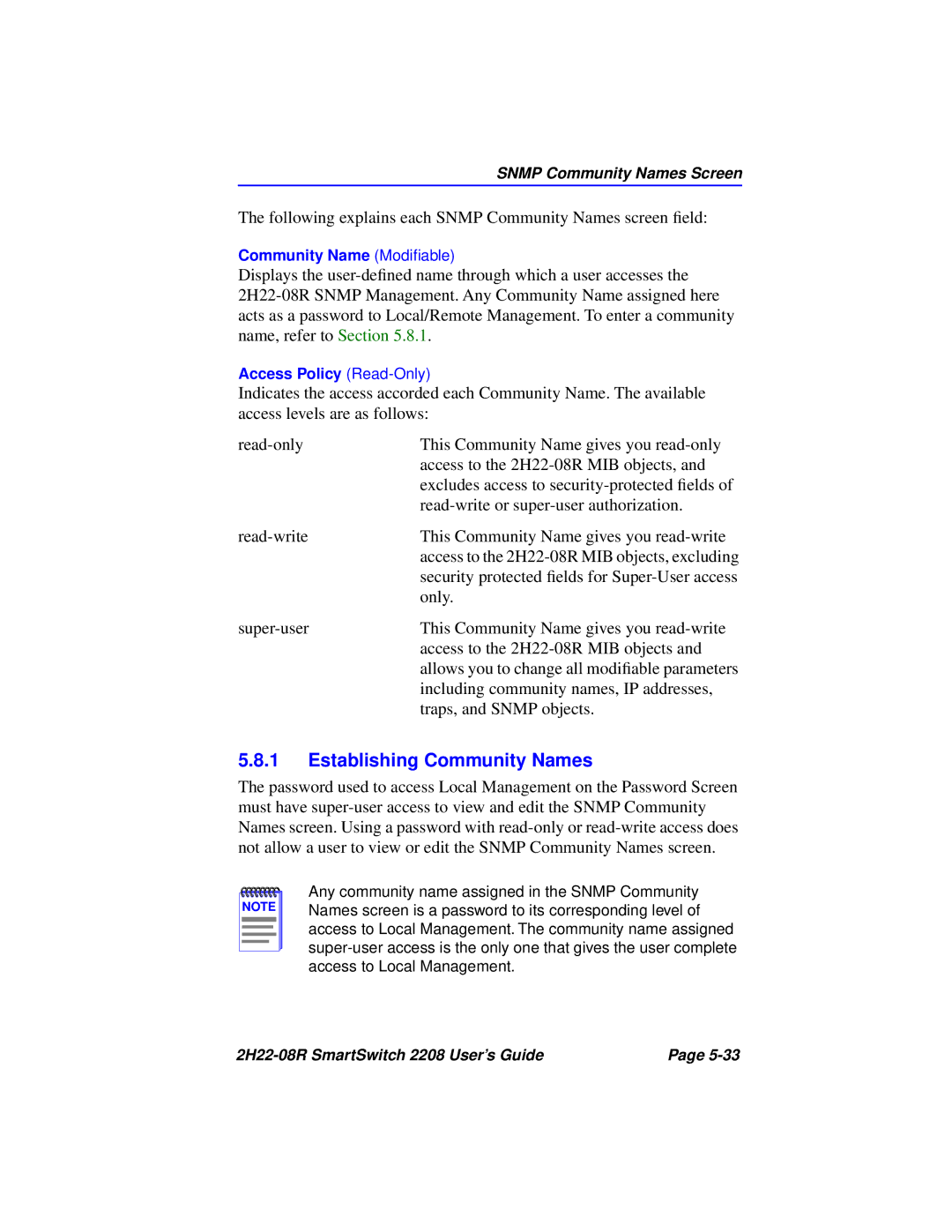 Cabletron Systems 2208 manual Establishing Community Names 