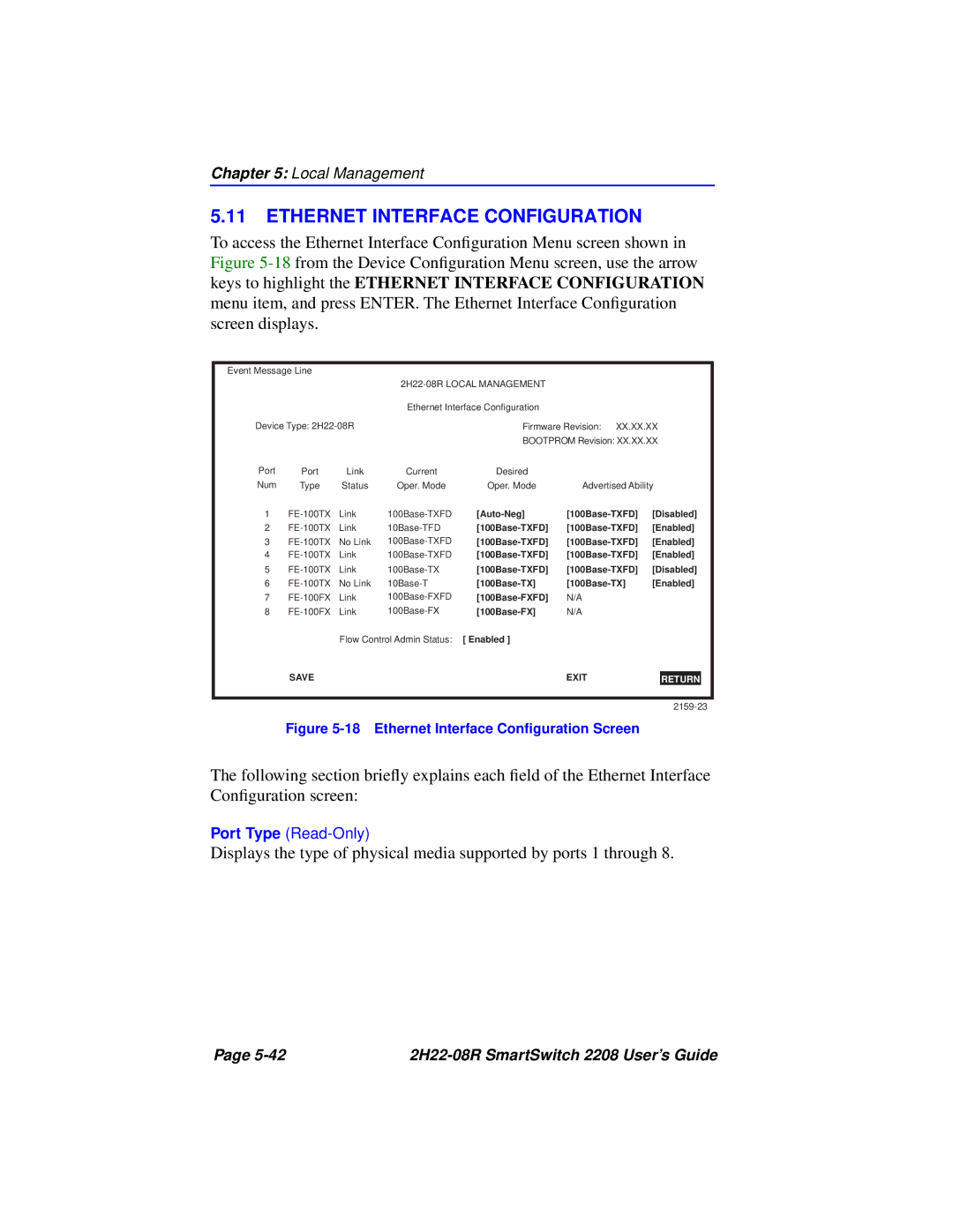 Cabletron Systems 2208 manual Ethernet Interface Configuration, Ethernet Interface Conﬁguration Screen 