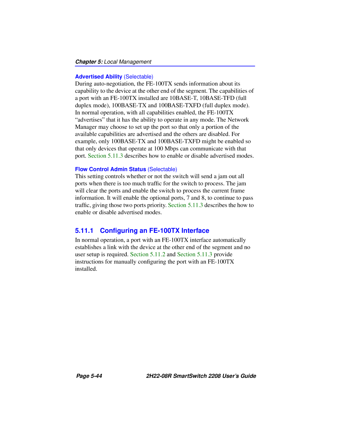 Cabletron Systems 2208 manual 11.1 Conﬁguring an FE-100TX Interface 