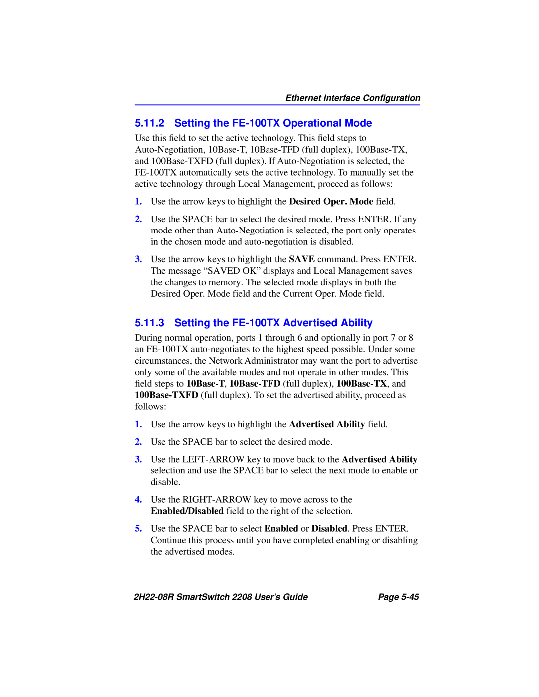 Cabletron Systems 2208 manual Setting the FE-100TX Operational Mode, Setting the FE-100TX Advertised Ability 