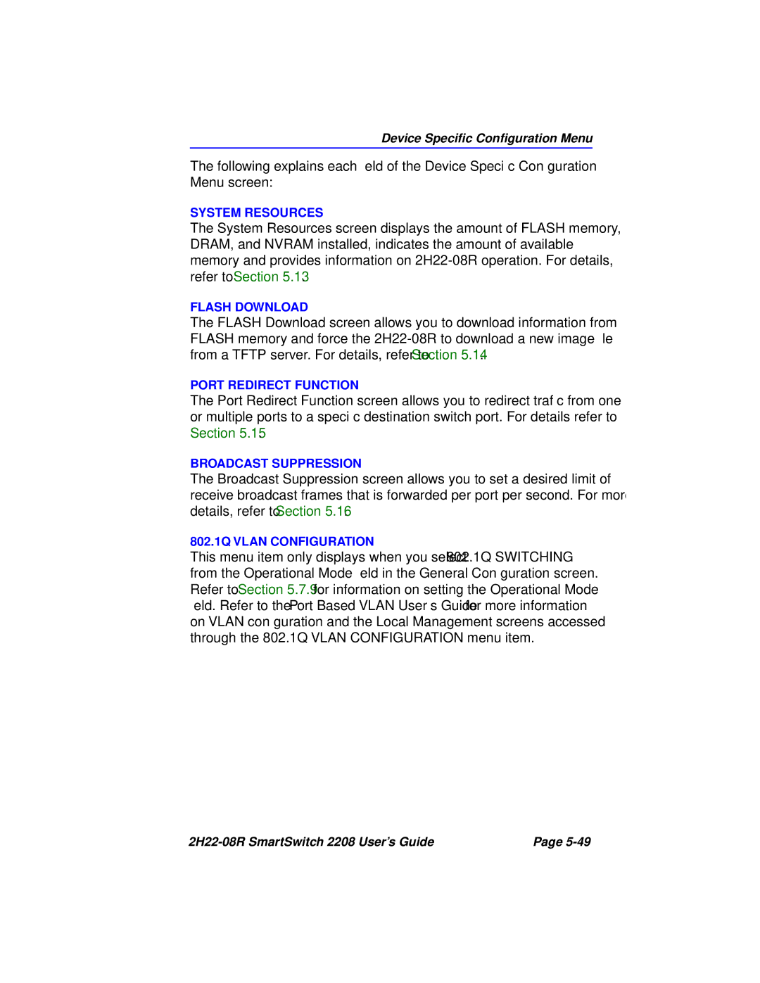 Cabletron Systems 2208 manual Device Speciﬁc Conﬁguration Menu 