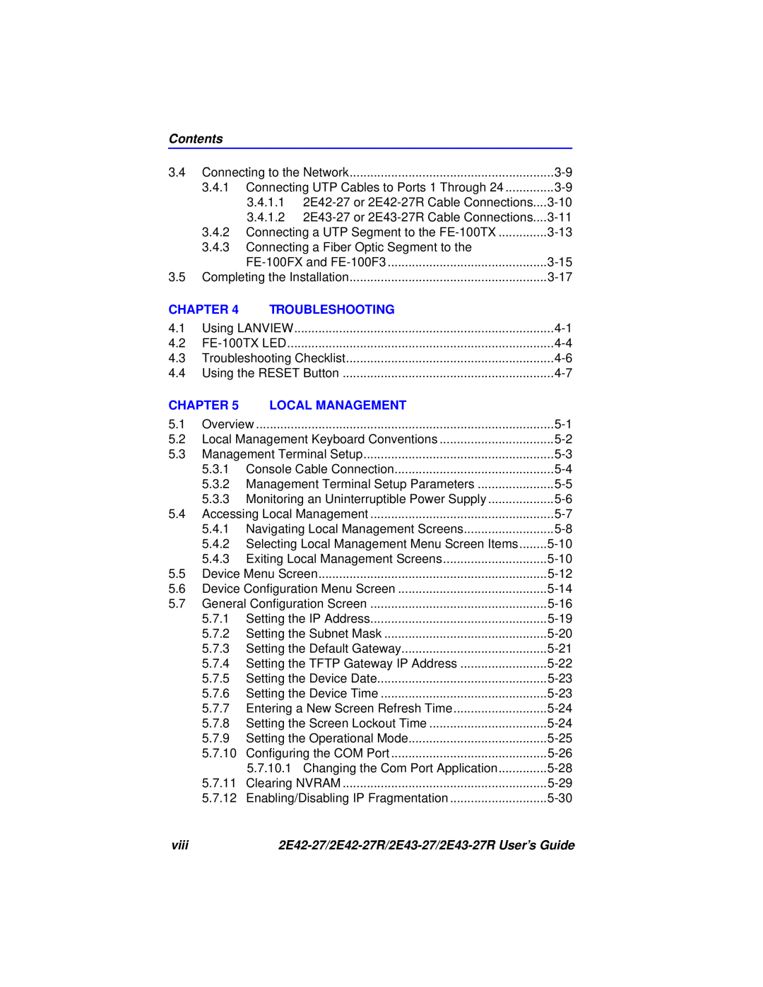 Cabletron Systems 2E43-27R, 2E42-27R manual Contents, Chapter, Troubleshooting, Local Management, viii 