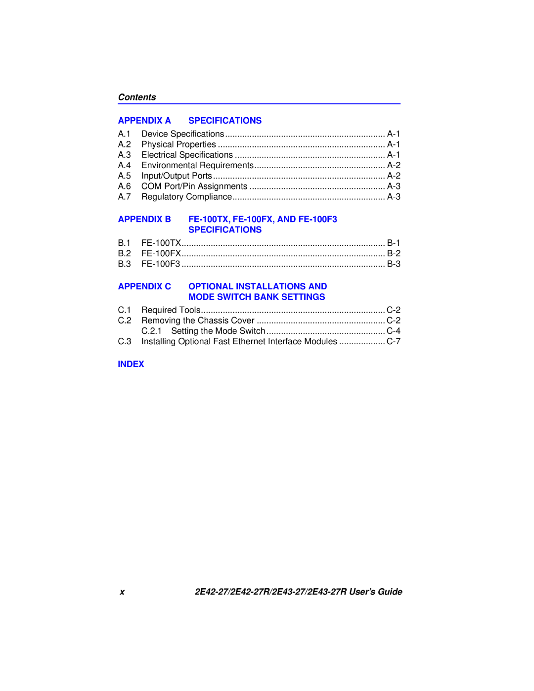 Cabletron Systems 2E43-27 Contents, Appendix A, Specifications, Appendix B, FE-100TX, FE-100FX, AND FE-100F3, Appendix C 