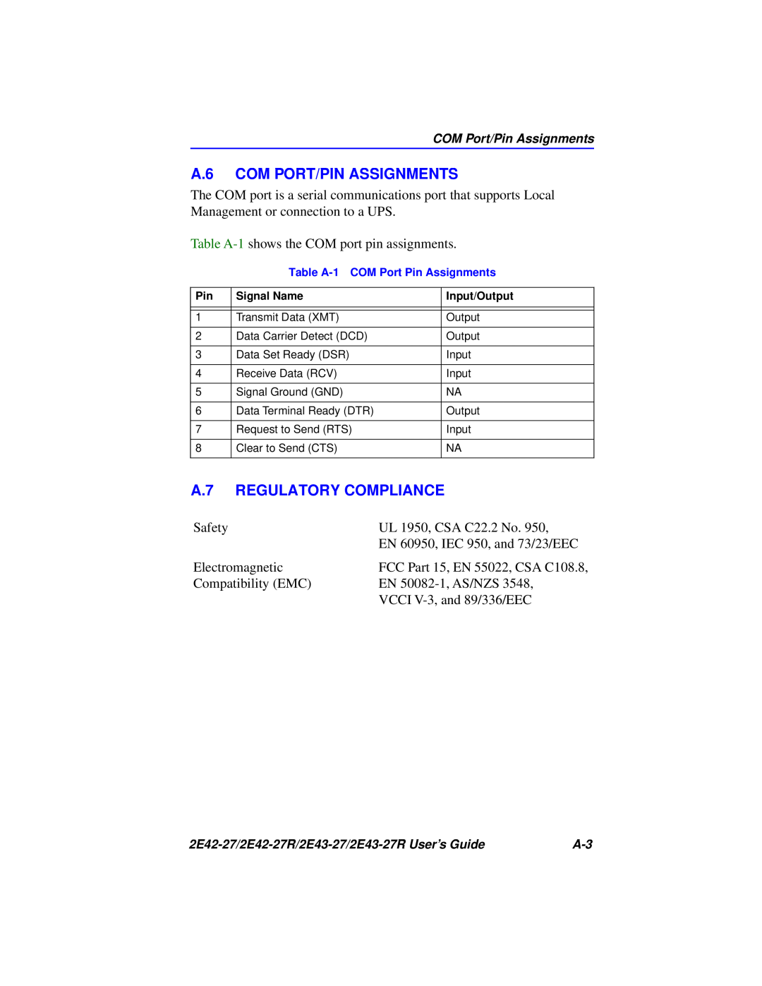 Cabletron Systems 2E42-27R, 2E43-27R manual A.6 COM PORT/PIN ASSIGNMENTS, A.7 REGULATORY COMPLIANCE 
