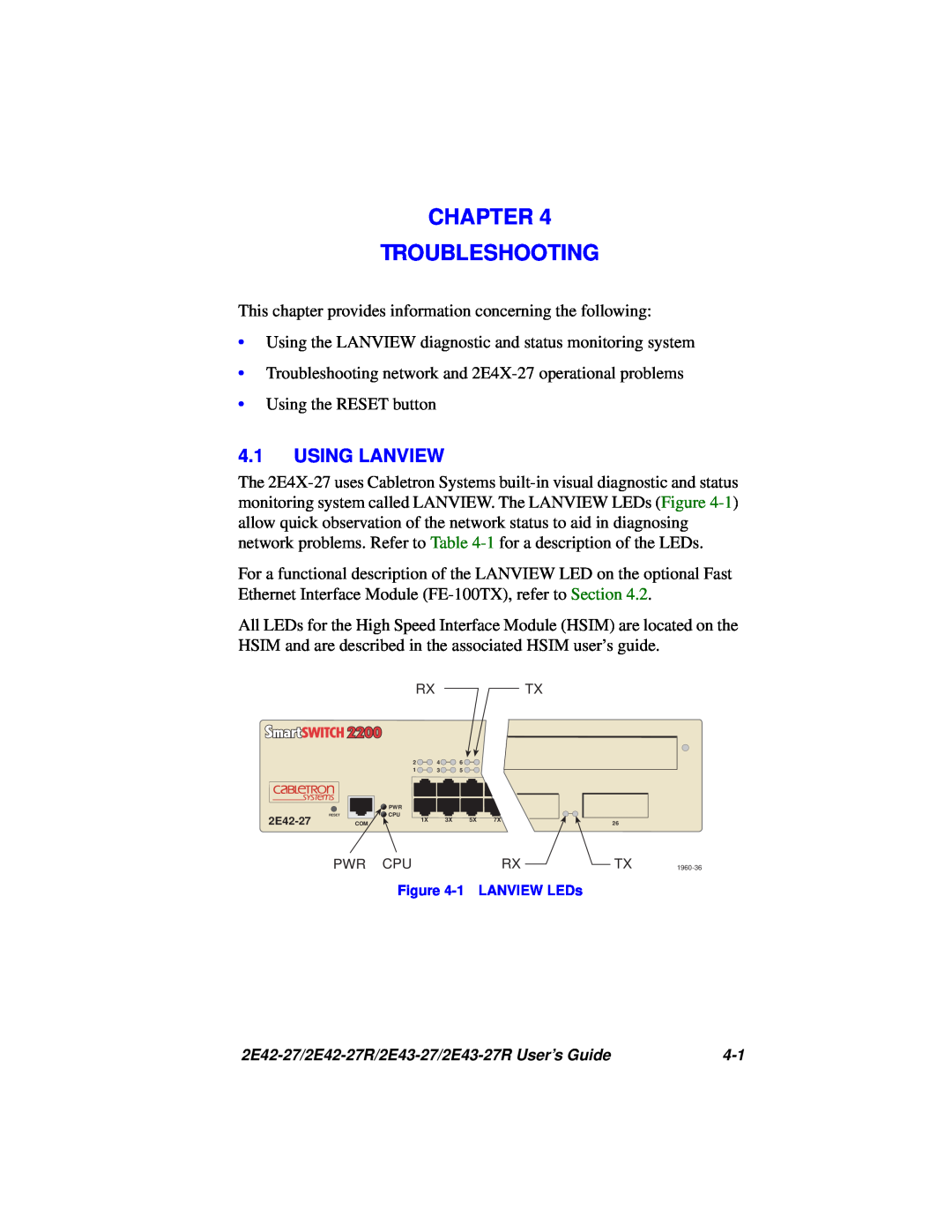 Cabletron Systems 2E43-27R, 2E42-27R manual Chapter Troubleshooting, Using Lanview 