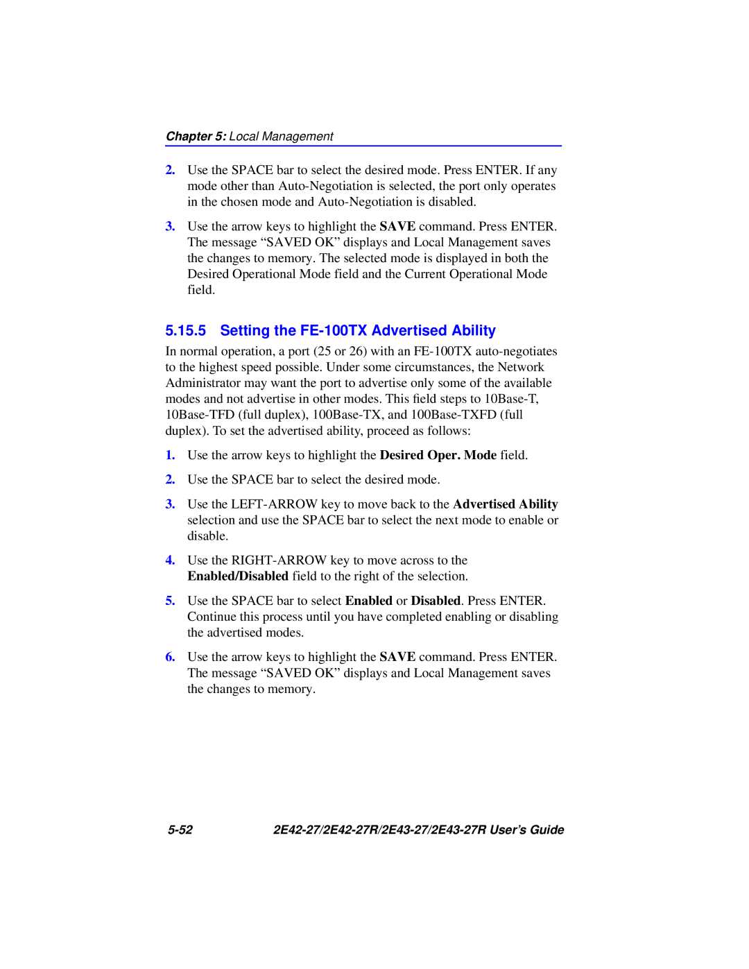 Cabletron Systems 2E43-27R, 2E42-27R manual Setting the FE-100TX Advertised Ability 