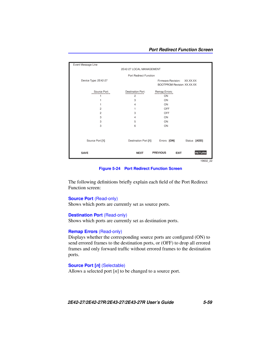 Cabletron Systems 2E42-27R, 2E43-27R manual Shows which ports are currently set as source ports 