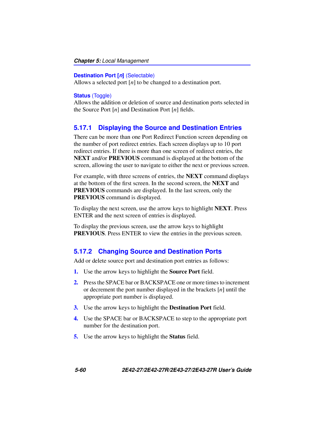 Cabletron Systems 2E43-27, 2E42-27 Displaying the Source and Destination Entries, Changing Source and Destination Ports 