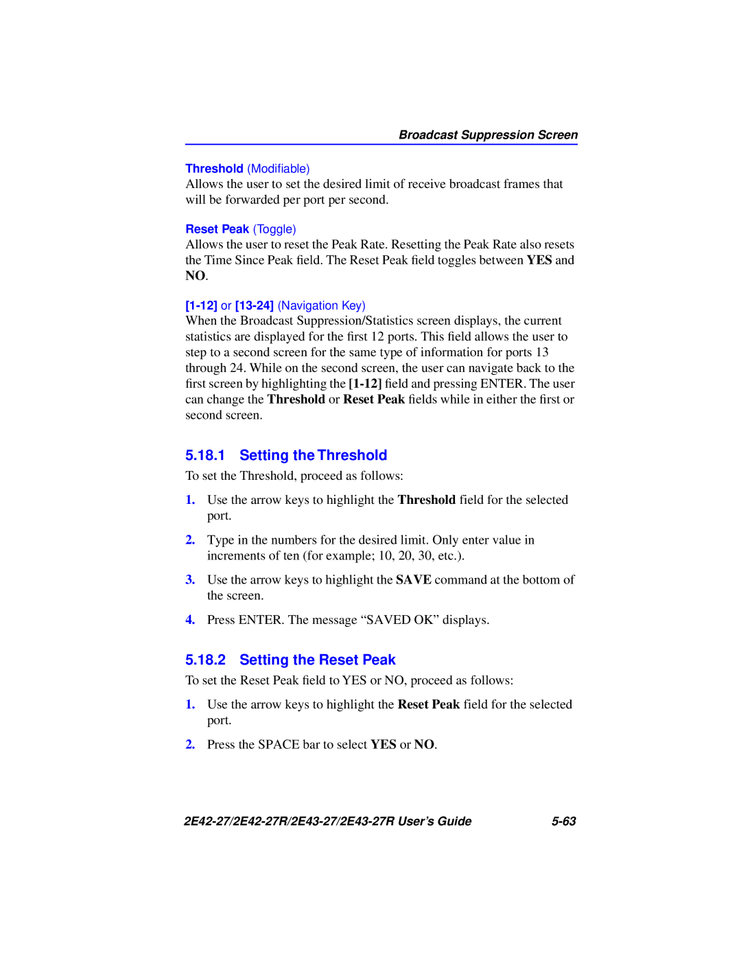 Cabletron Systems 2E42-27R, 2E43-27R manual Setting the Threshold, Setting the Reset Peak 