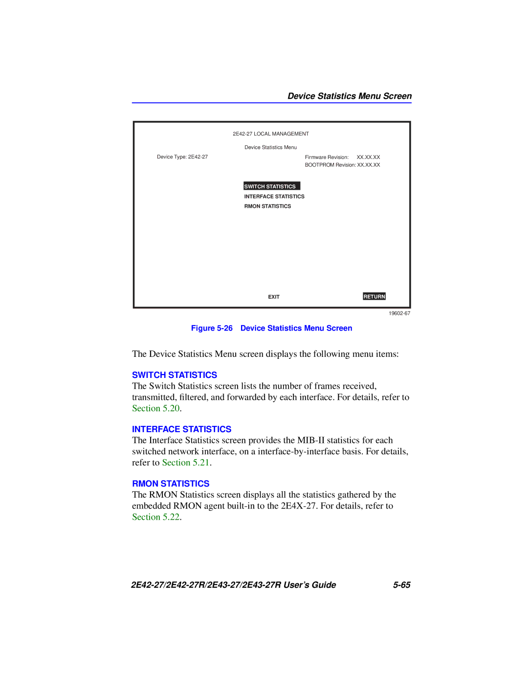 Cabletron Systems 2E43-27R, 2E42-27R manual Device Statistics Menu Screen 