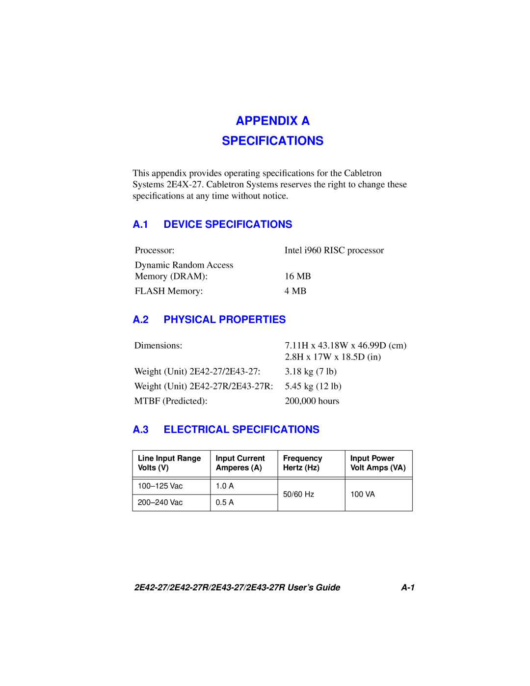 Cabletron Systems 2E43-27R, 2E42-27R manual Device Specifications, Physical Properties, Electrical Specifications 