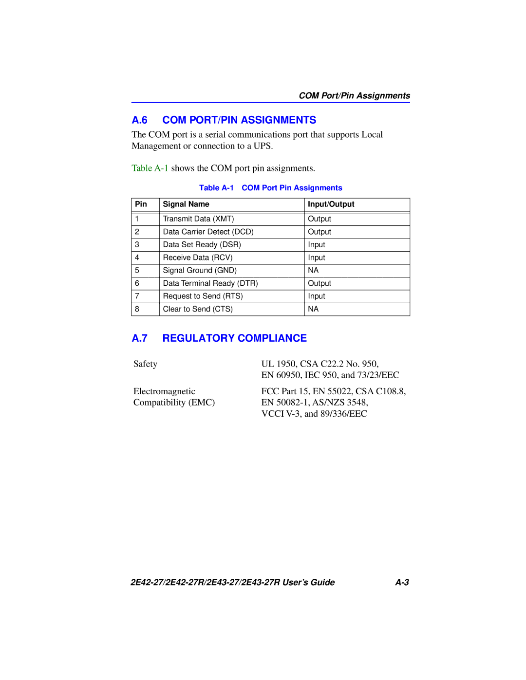 Cabletron Systems 2E42-27R, 2E43-27R manual COM PORT/PIN Assignments, Regulatory Compliance 