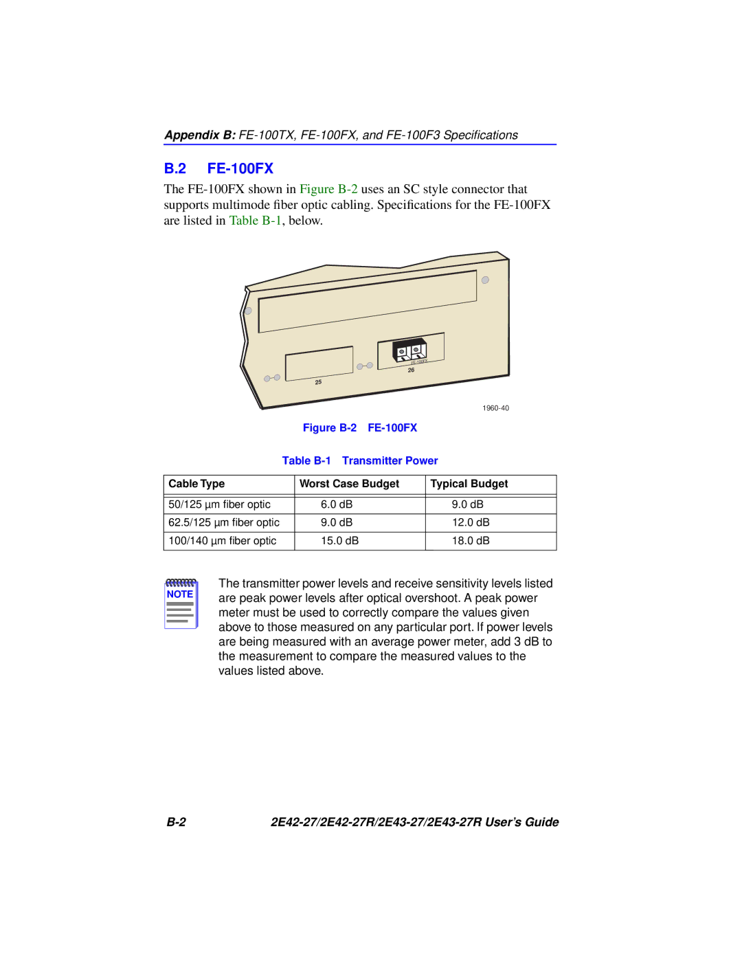 Cabletron Systems 2E43-27R, 2E42-27R manual Figure B-2 FE-100FX Table B-1 Transmitter Power 