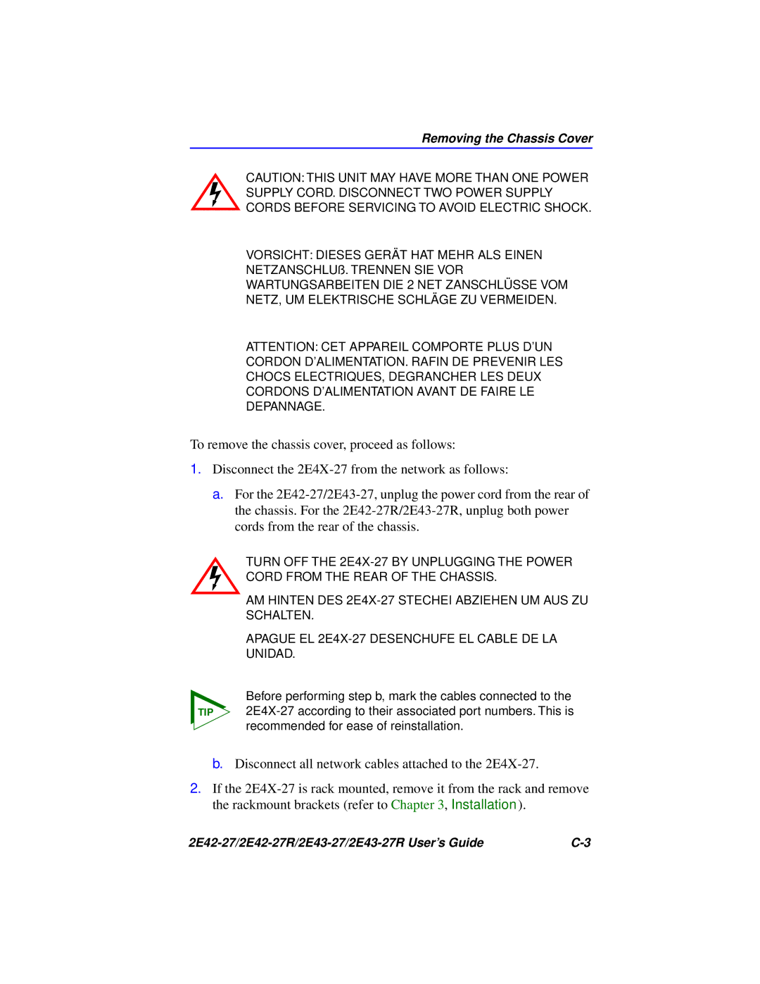 Cabletron Systems 2E42-27R, 2E43-27R manual Removing the Chassis Cover 