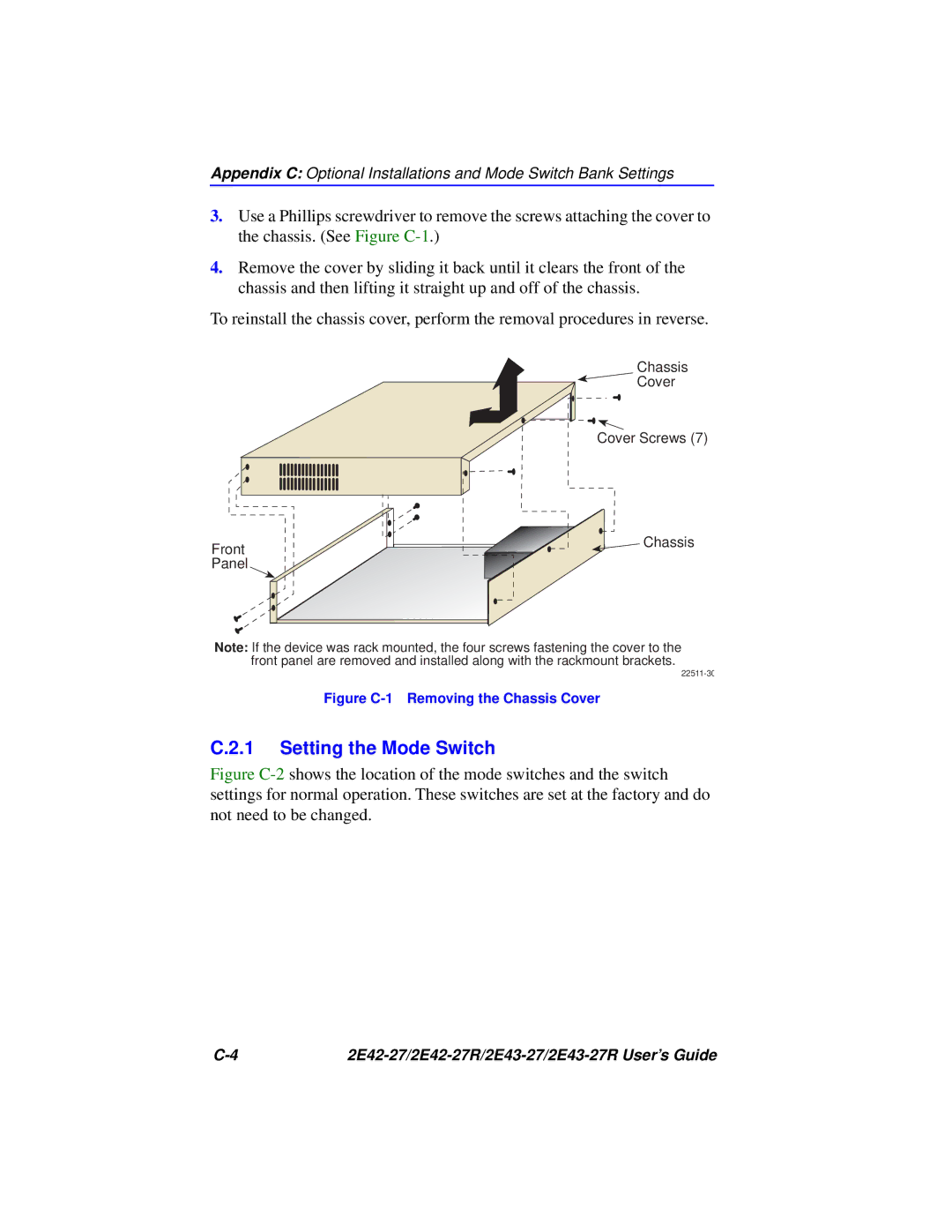 Cabletron Systems 2E43-27R, 2E42-27R manual Setting the Mode Switch, Figure C-1 Removing the Chassis Cover 