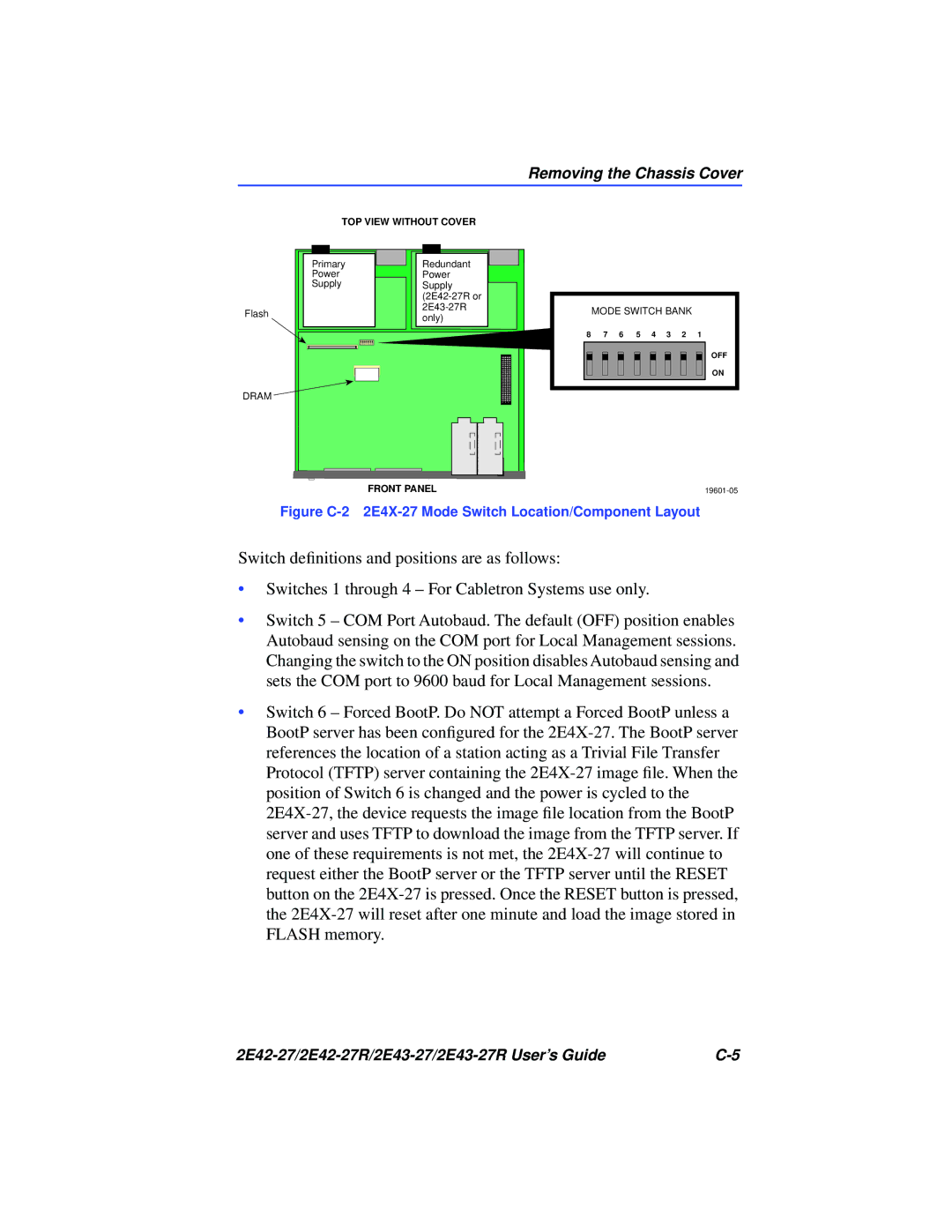 Cabletron Systems 2E43-27R, 2E42-27R manual Figure C-2 2E4X-27 Mode Switch Location/Component Layout 