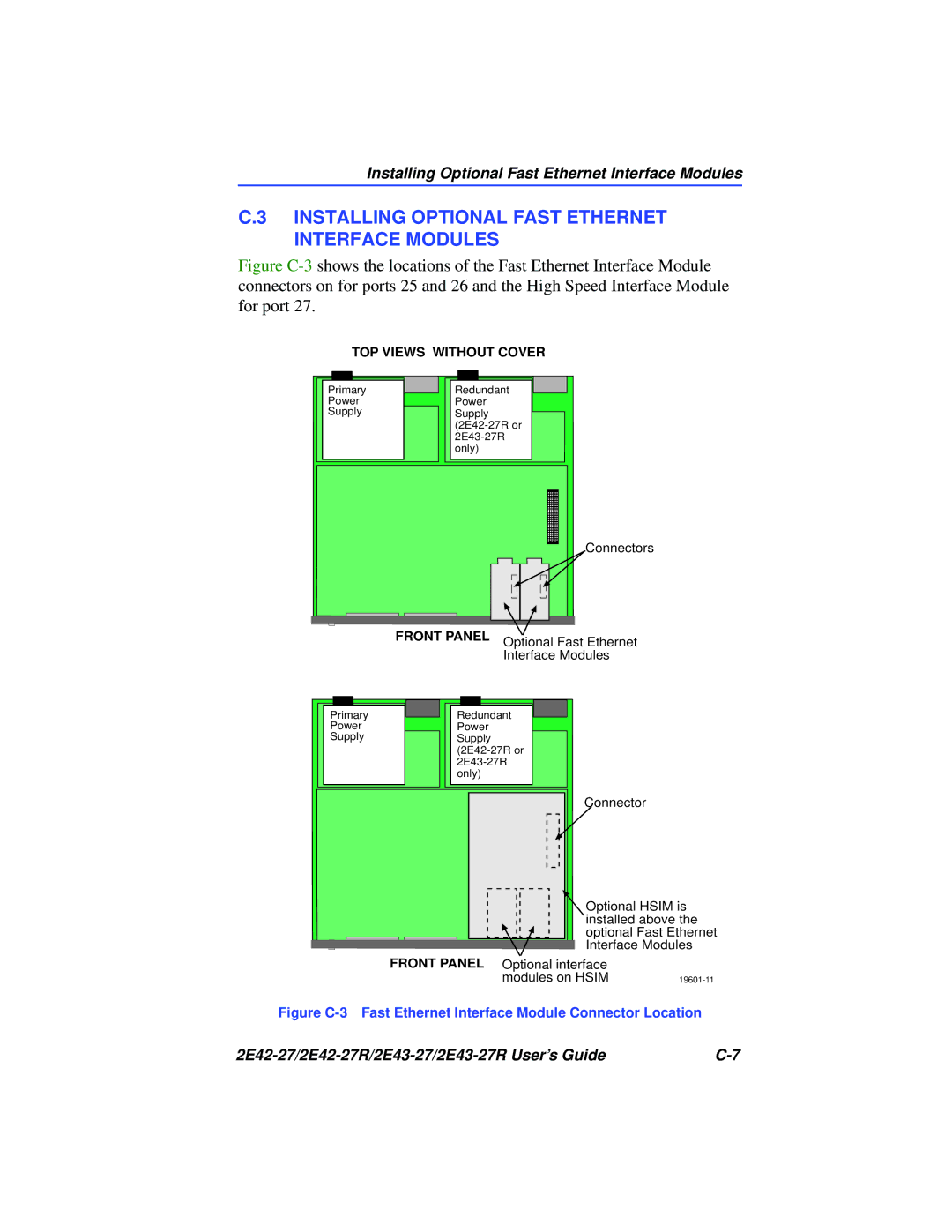 Cabletron Systems 2E42-27R, 2E43-27R manual Installing Optional Fast Ethernet Interface Modules, Front Panel 