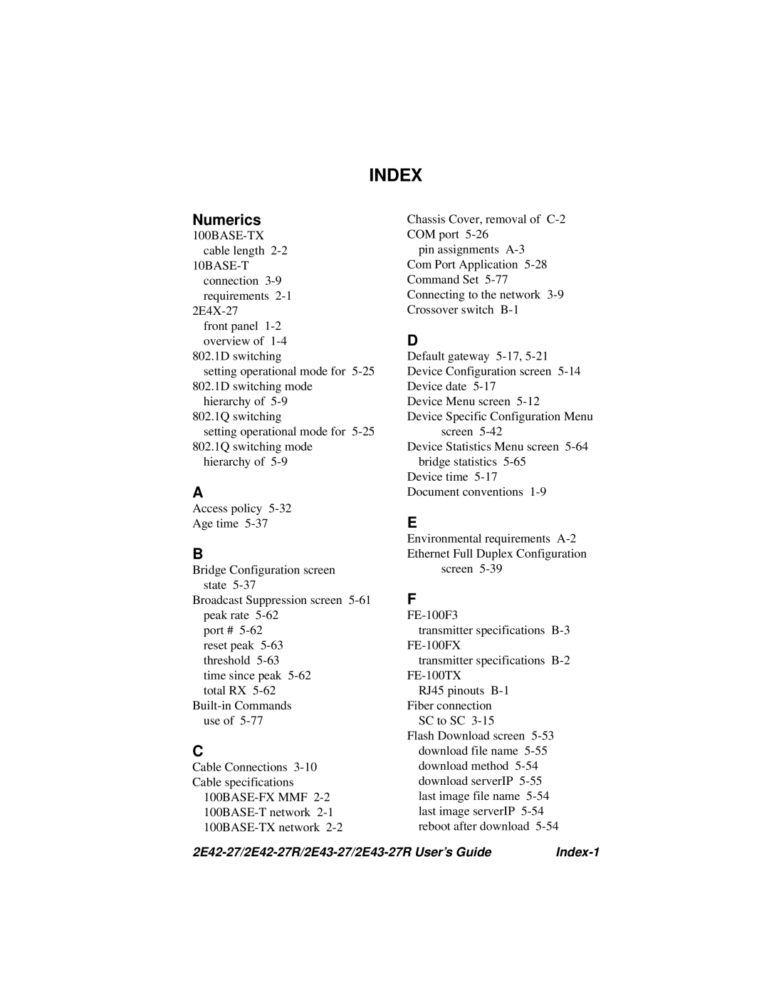 Cabletron Systems 2E42-27R, 2E43-27R manual Index 