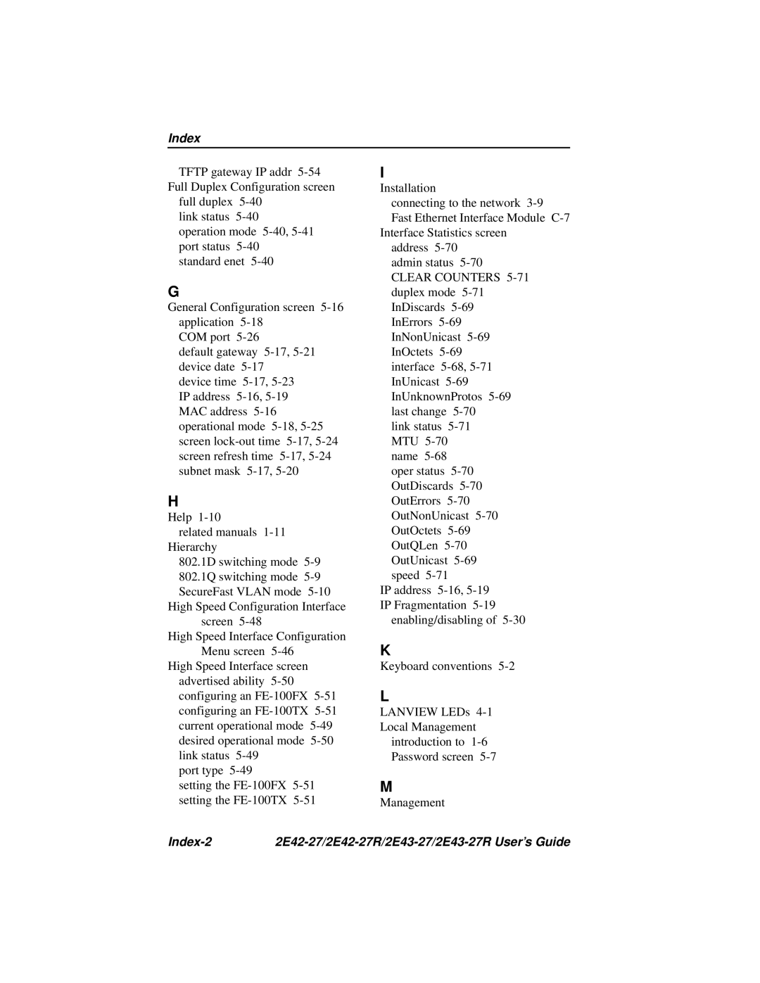 Cabletron Systems manual Index-2 2E42-27/2E42-27R/2E43-27/2E43-27R User’s Guide 