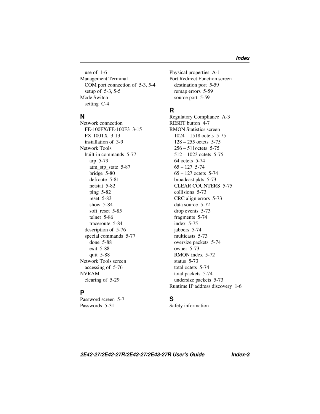 Cabletron Systems manual 2E42-27/2E42-27R/2E43-27/2E43-27R User’s Guide Index-3 