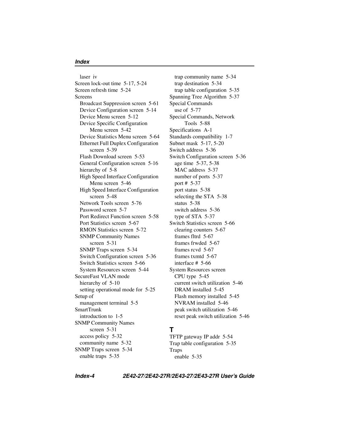 Cabletron Systems manual Index-4 2E42-27/2E42-27R/2E43-27/2E43-27R User’s Guide 