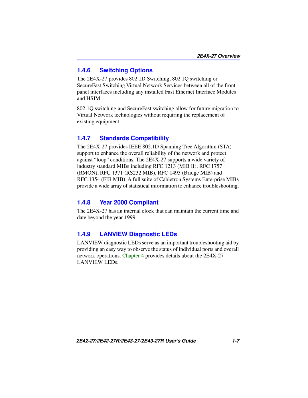 Cabletron Systems 2E42-27R manual Switching Options, Standards Compatibility, Year 2000 Compliant, Lanview Diagnostic LEDs 