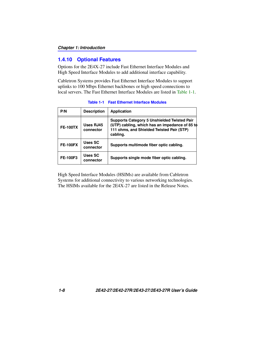 Cabletron Systems 2E43-27R, 2E42-27R manual Optional Features, Fast Ethernet Interface Modules 