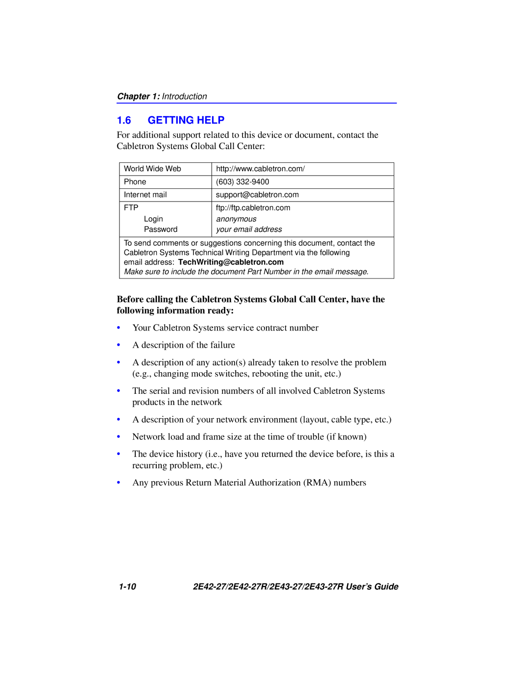 Cabletron Systems 2E43-27R, 2E42-27R manual Getting Help, Your email address 