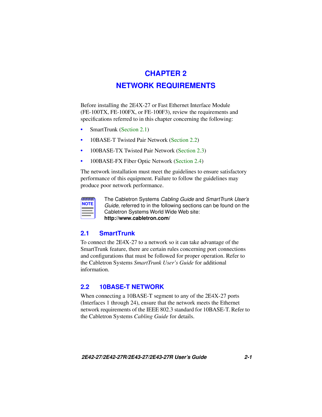 Cabletron Systems 2E43-27R, 2E42-27R manual Chapter Network Requirements, 10BASE-T Network 