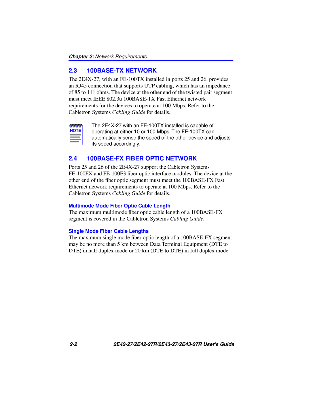 Cabletron Systems 2E43-27R, 2E42-27R manual 100BASE-TX Network, 100BASE-FX Fiber Optic Network 