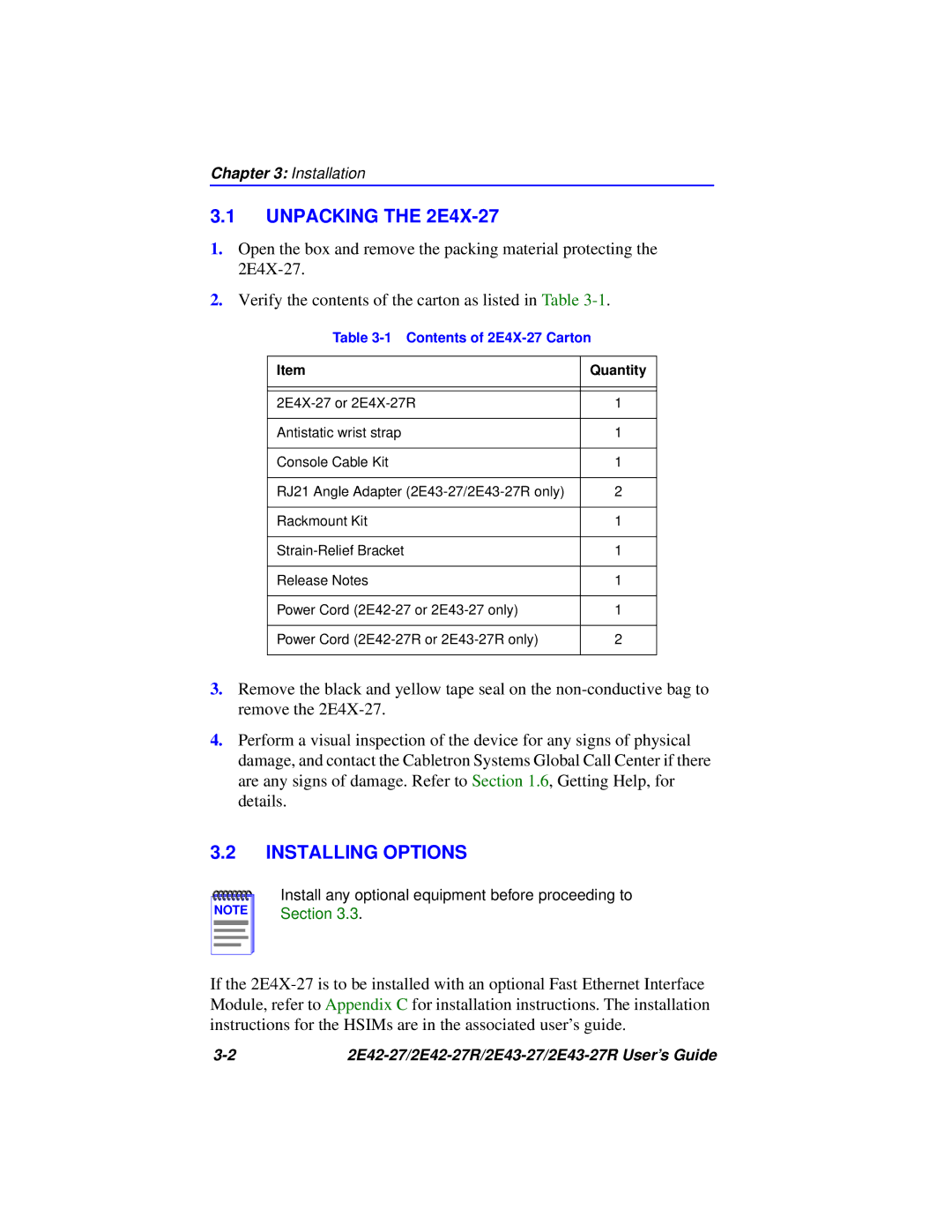 Cabletron Systems 2E43-27R, 2E42-27R manual Unpacking the 2E4X-27, Installing Options 