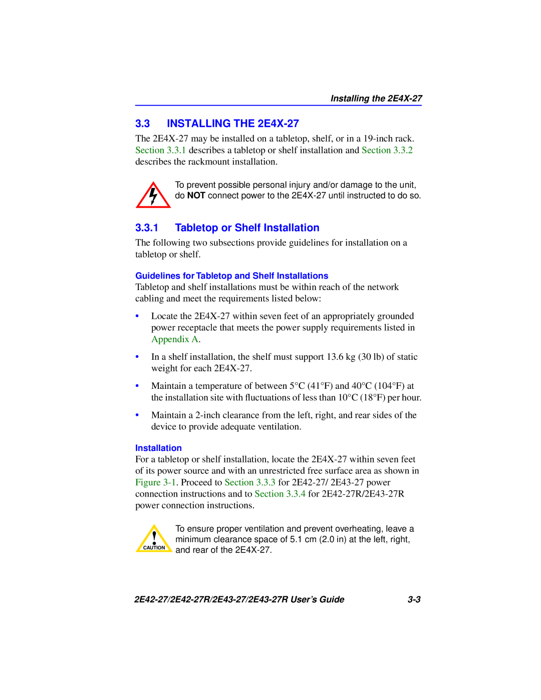 Cabletron Systems 2E43-27R, 2E42-27R manual Installing the 2E4X-27, Tabletop or Shelf Installation 