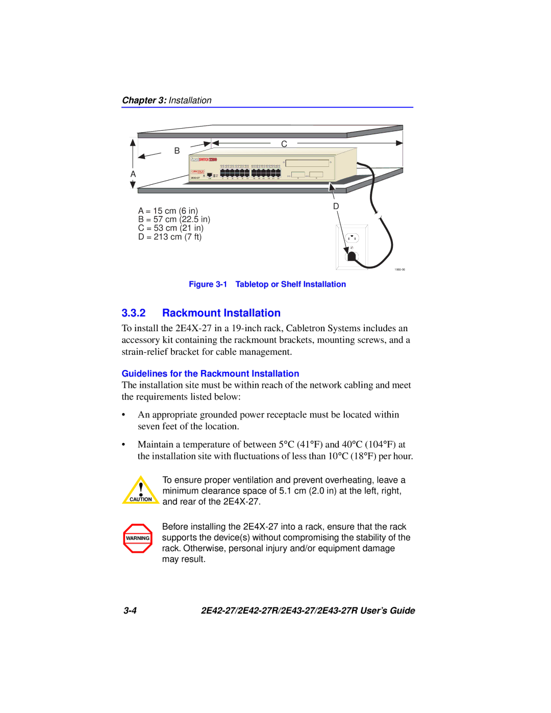 Cabletron Systems 2E43-27R, 2E42-27R manual Rackmount Installation, Tabletop or Shelf Installation 