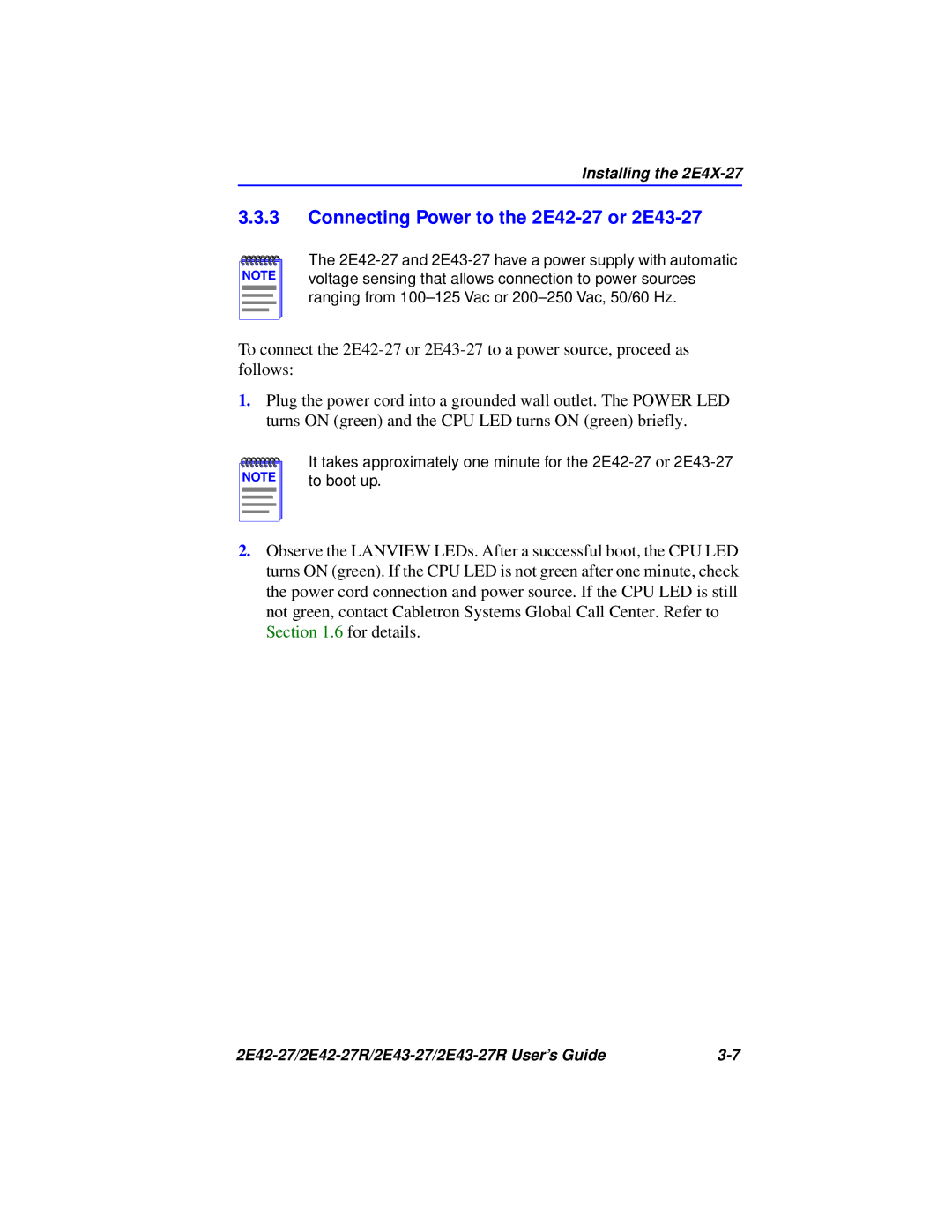 Cabletron Systems 2E43-27R, 2E42-27R manual Connecting Power to the 2E42-27 or 2E43-27 