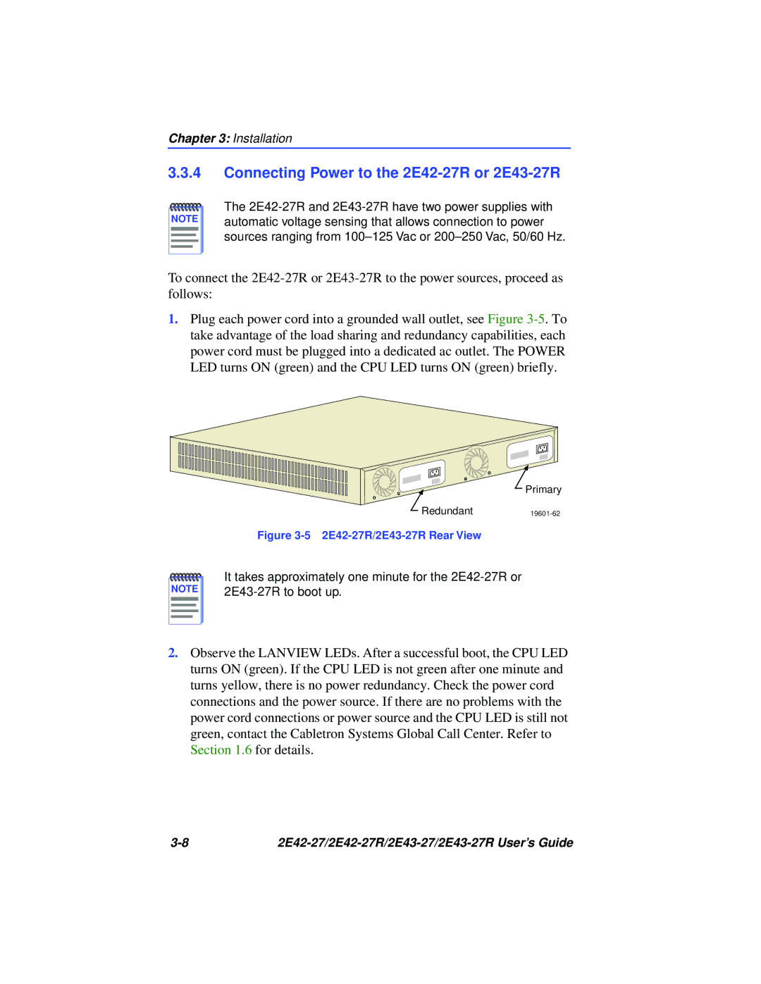 Cabletron Systems manual Connecting Power to the 2E42-27R or 2E43-27R, 2E42-27R/2E43-27R Rear View 